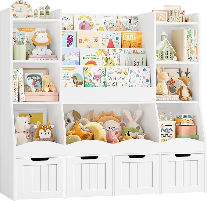 FINETONES Toy Storage Kids Bookshelf, Toy Organizer Book Shelf for Kids Room with 4 Movable Drawers and 7 Storage Cubbies, Playroom Storage Toy Storage Cabinet for Living Room, White