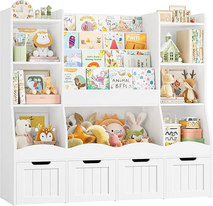 FINETONES Toy Storage Kids Bookshelf, Toy Organizer Book Shelf for Kids Room with 4 Movable Drawers and 7 Storage Cubbies, Playroom Storage Toy Storage Cabinet for Living Room, White