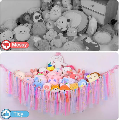 FIOBEE Stuffed Animals Net or Hammock with LED Light, Toy Hammock Hanging Stuffed Animals Storage Organizer Holder Room Décor for Nursery Kids Bedroom