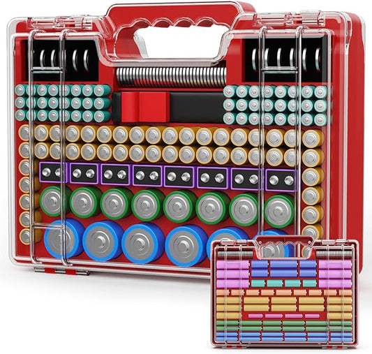 Battery Organizer Storage Case with Tester, Ultra-Large 265+ Double-Sided Batteries Container with Handle, Holds AA AAA 4A 23A C D Cell 3V 9V Lithium CR3 4LR44 CR123A 18650 (Red)