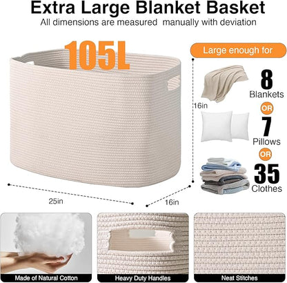 White Laundry Basket, Blanket Baskets for Living Room, Cotton Rope Baskets for Storage, Woven Basket for Blankets, Toys, Clothes, Shoes, White, 25”x16”x16” (105L)