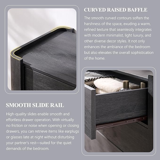 IFGET 23.6" Tall Modern Nightstand Set of 2, 22" Wide Curved Bedside Table with Charging Station, Wooden Night Stand with 1 Storage Drawer, Large End Table for Bedroom, Living Room, Dark Grey