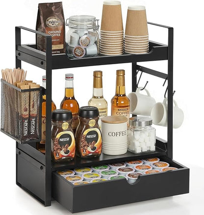 Coffee Station Organizer Countertop, Wooden Coffee Bar Accessories Organizer with Basket, 2 Mug Holder Hooks and Pod Drawer, Multifunctional 2 Tier Countertop Organizer for Kitchen, Bathroom, Office