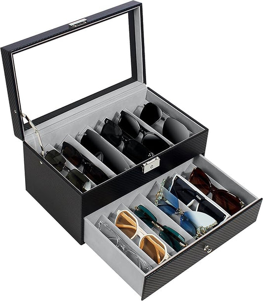GUKA 2-layer Sunglasses Storage Organizer, 12 Slots Leather Sunglass Box Multiple Pairs Eyeglass Display Case for Women Men, Gift Idea (Black+Grey)