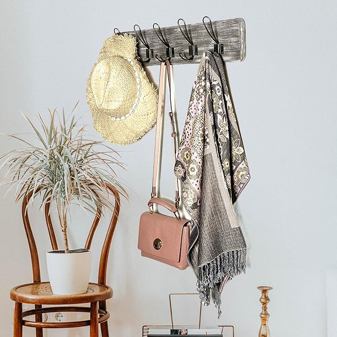 Wooden Coat Rack Wall Mounted with 5 Hanger Hook, for Porch, Kitchen, Bedroom, Hallway, Antique Farmhouse Rustic Character, Mahogany Wood, (Aged Whitewash Bronze Hook)
