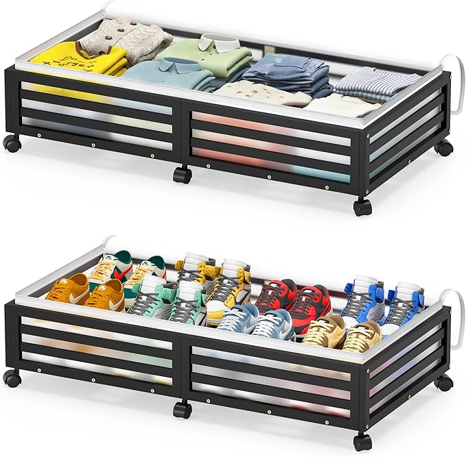 Wisuce Home Under Bed Storage Containers With Wheels - 2 Pcs Large Bamboo Wood Rolling Underbed Shoe Storage Bins With Dust Bags for Clothes Blankets, Duvet Covers Snacks Toys (Black)