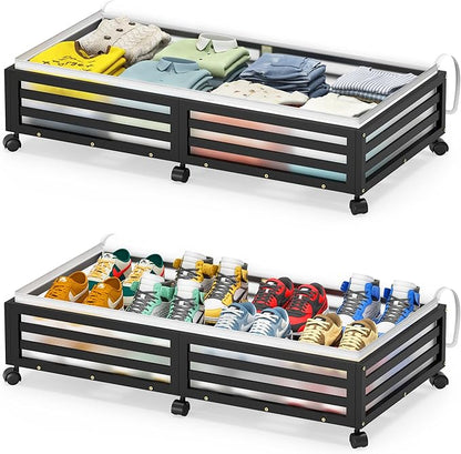 Wisuce Home Under Bed Storage Containers With Wheels - 2 Pcs Large Bamboo Wood Rolling Underbed Shoe Storage Bins With Dust Bags for Clothes Blankets, Duvet Covers Snacks Toys (Black)