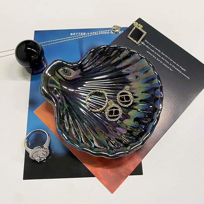 Shell Jewelry Dish Tray, Ceramic Trinket Tray Clamshell Jewelry Organizer Dish, Ring Holder Dish Room Decor, Mother's Day Valentine's Friendship Christmas Birthday Gifts for Women (Multicolor Black)