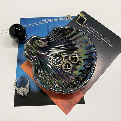 Shell Jewelry Dish Tray, Ceramic Trinket Tray Clamshell Jewelry Organizer Dish, Ring Holder Dish Room Decor, Mother's Day Valentine's Friendship Christmas Birthday Gifts for Women (Multicolor Black)