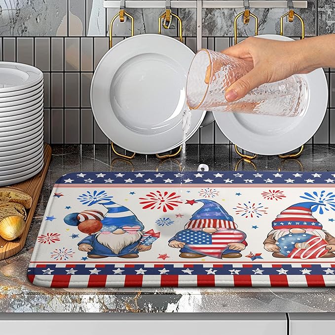 Wnoesat 4th of July Dish Drying Mats for Kitchen Counter 18x24 In Memorial Independence Day Patriotic Gnome Stars Microfiber Drying Mat Fourth of July USA Super Absorbent Dish Rack Mat Drying Pad