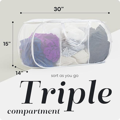 Foldable Laundry Basket - Popup and Collapsible, Durable Mesh Material, Folds for Storage, Easy Carry Handles - Great Hamper for College Dorm, Laundry Room or Travel (White, 3-Compartments)