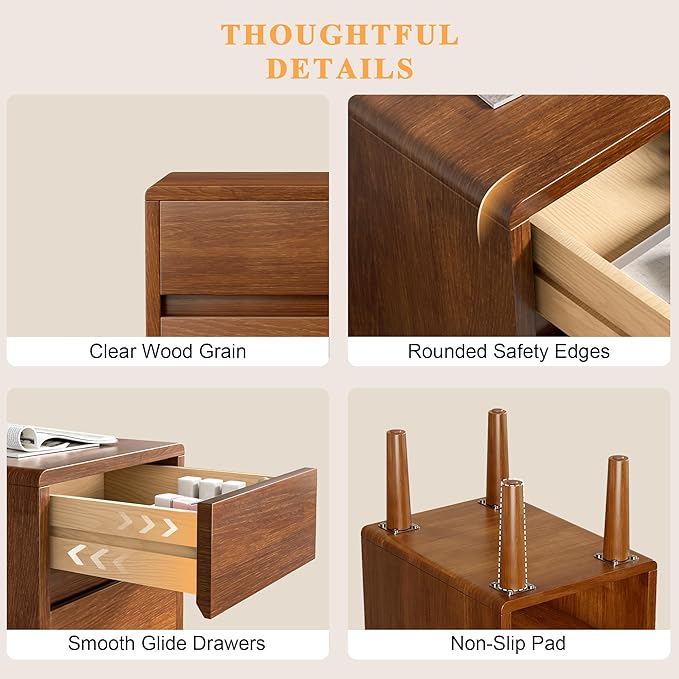 Narrow Nightstand 2 Drawers with Open Shelf Narrow Night Stand Solid Wood Bedside Table Mid Century Modern Nightstand Wooden End Table for Bedroom, Living Room, Study, Office