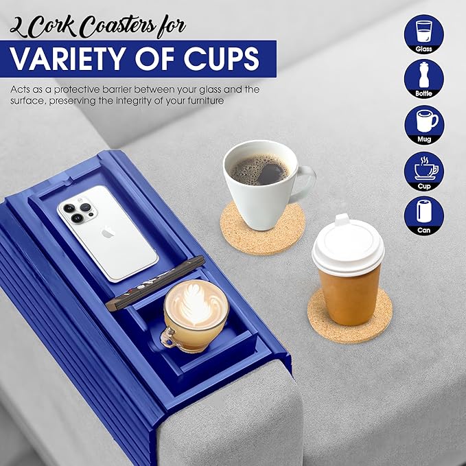Couch Cup Holder Tray with 2 Cork Coasters, Couch Caddy, Anti-Slip Foldable Armrest Sofa Tray, Couch Armrest Table, Anti-Spill Holder for Remote, Snacks, Cellphone - Ideal Gift (Blue)