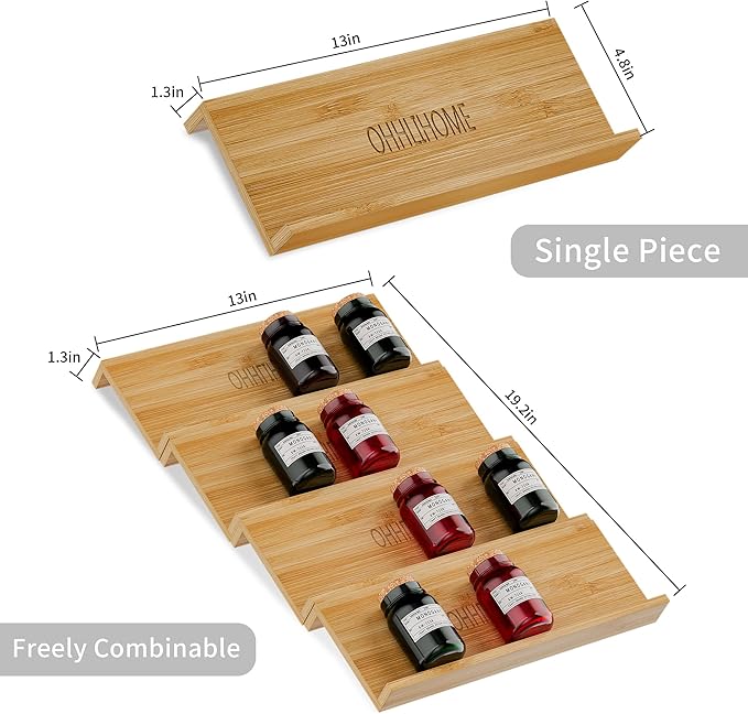 OHHLIHOME Bamboo Spice Drawer Organizer - 4 Pack 13"x4.7"x1.6" Spice Rack Tray - Spice Jars Drawers Insert - Seasoning Organizer for Drawers/Countertop (Jars not included)…