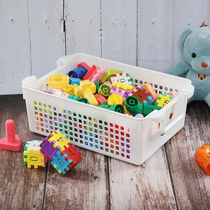 Saedy 4 Packs Plastic Baskets with Handle, Stackable Basket Organizer Bin, White