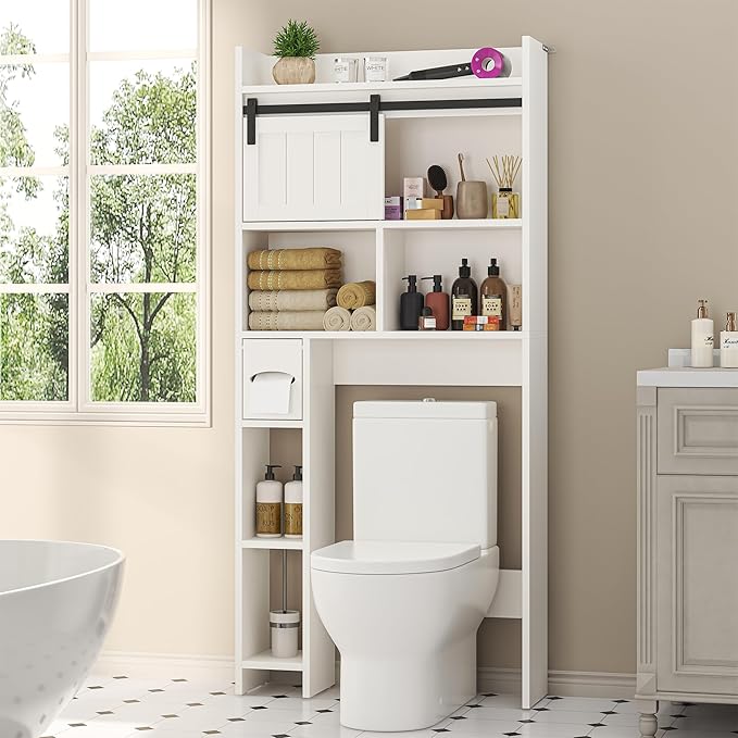 Semoic Over The Toilet Storage Cabinet, Over The Toilet Shelf with Sliding Door & Toilet Paper Holder Stand, Bathroom Above Toilet Storage, Home Space-Saving Toilet Rack for Bathroom, Restroom,White