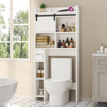 Semoic Over The Toilet Storage Cabinet, Over The Toilet Shelf with Sliding Door & Toilet Paper Holder Stand, Bathroom Above Toilet Storage, Home Space-Saving Toilet Rack for Bathroom, Restroom,White