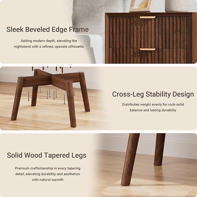FavourLife Fluted Nightstand, Night Stand Set 2, Nightstands Set of 2 with Beveled Edges & Solid Wood Legs, 2 Drawer Wooden End Table with Charging Station, Modern Bedside Table for Bedroom, Walnut
