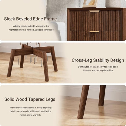 FavourLife Fluted Nightstand, Beveled Edges Night Stand, 2 Drawer Nightstand with Charging Station, Wooden End Table with Solid Wood Legs, Modern Bedside Table for Bedroom Sofa Home Office, Walnut