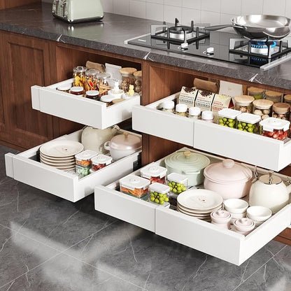 2 Pack Pull Out Cabinet Organizer Expandable Width(13"-21") and Depth(13"-17"),Slide Out Drawers With Raising Pad for Framed Cabinets,No Drill Roll Out Shelves for kitchen,Bathroom,White
