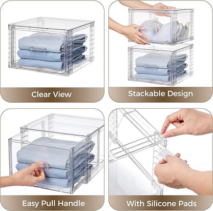 Vtopmart 4 Pack 18QT Clear Stackable Storage Drawers,Easily Assemble Closet Organizers,Plastic Storage Bins for Bathroom,Cabinet,Kitchen Pantry,Under Sink Organization(Medium)