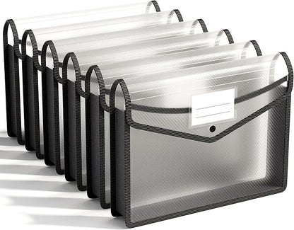 ABC life 6-Pack Plastic Expanding File Folders, Folders for Documents with Snap Closure, Large Capacity Document Envelopes, Fits Letter/A4 Size Paper - Black