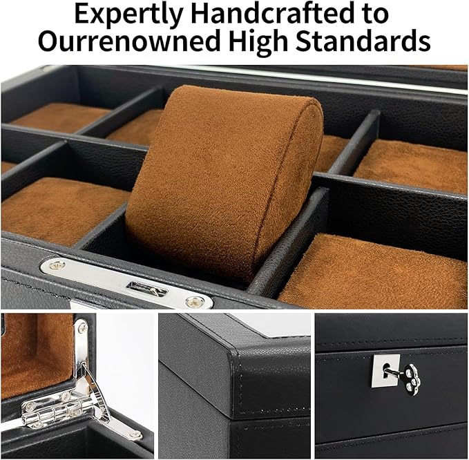 HELMDY Leather Watch Box with Drawer-10 Slots Locking Jewelry Watches Holder for Men-Luxury Watch Case Display Organizer-2 Tier Organizer Watch Showcase-Storage Case