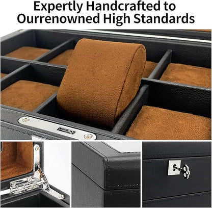 HELMDY Leather Watch Box with Drawer-10 Slots Locking Jewelry Watches Holder for Men-Luxury Watch Case Display Organizer-2 Tier Organizer Watch Showcase-Storage Case