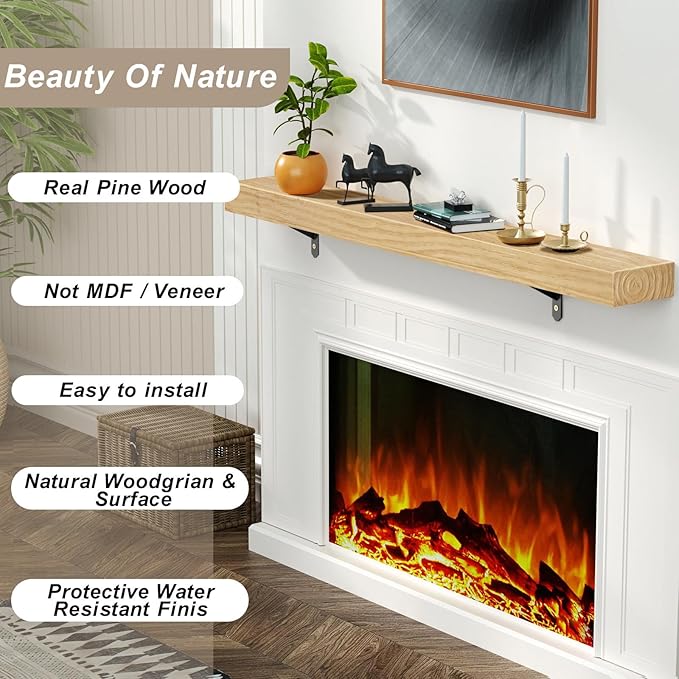 ROOMTEC Fireplace Mantel with L-Shaped Brackets,72" Wood Fireplace Shelves,Handcrafted Wood Brack,Natural Mantels Over Fireplace, 72" x 8" x 3", Aged Oak