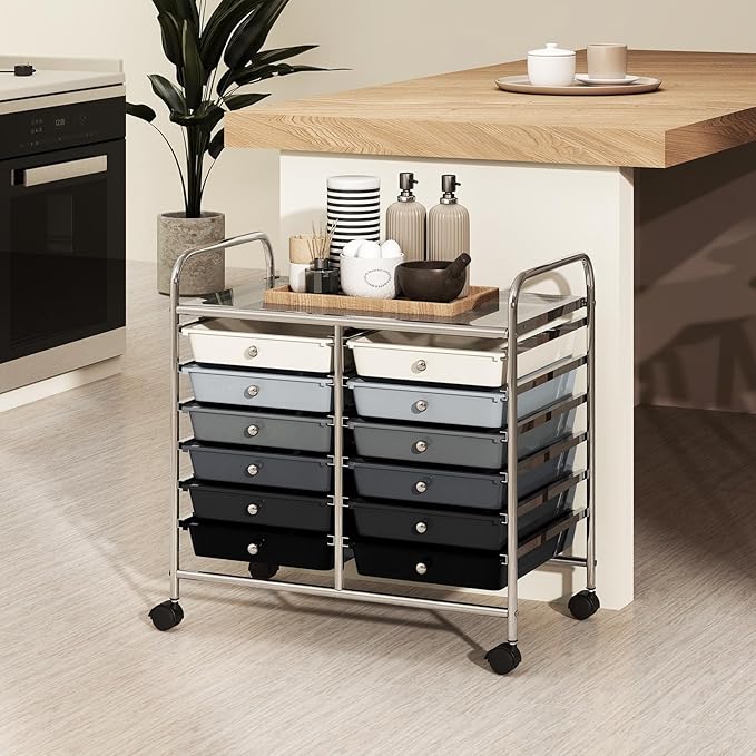 MAT EXPERT 12-Drawer Rolling Storage Cart, Mobile Utility Cart on Wheels, Removable Storage Drawers for Home, Study, Office, School,Paper Organizer