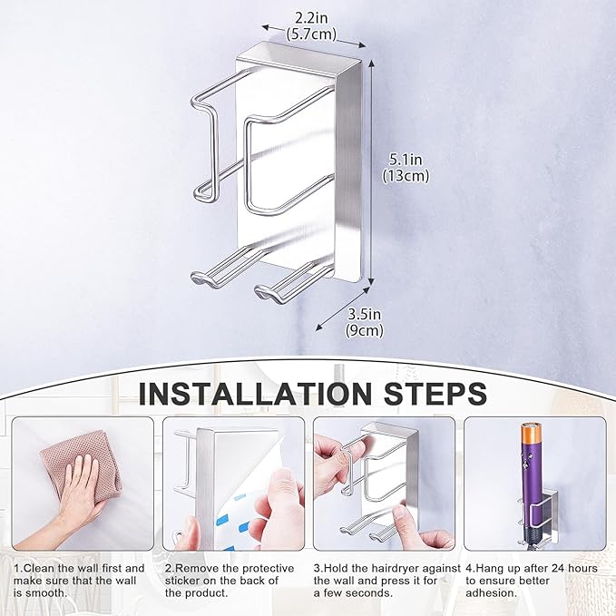 WAYASI Hair Straightener Holder Wall Mounted Blow Dryer Holder, Curling Iron Holder, Hairdryer and Straightener Holder, Bathroom Hair Tools Organizer and Storage (Silver)