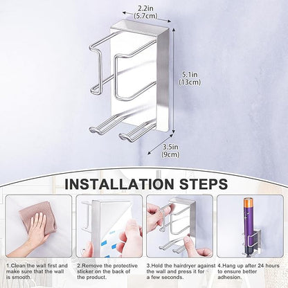 WAYASI Hair Straightener Holder Wall Mounted Blow Dryer Holder, Curling Iron Holder, Hairdryer and Straightener Holder, Bathroom Hair Tools Organizer and Storage (Silver)