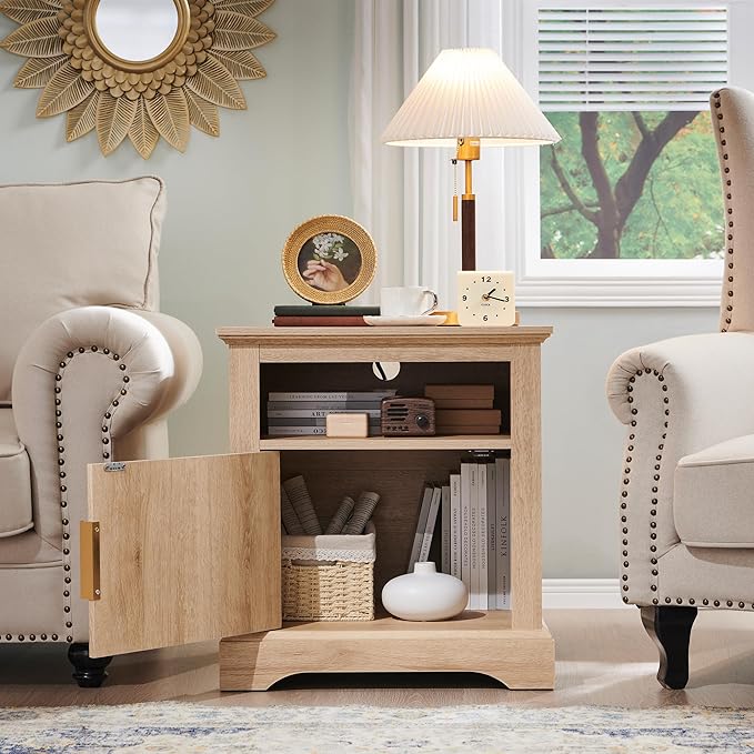 wow97e 22" Large Fluted Nightstand with Charging Station, Modern End Table, Wood Side Table w/Open Shelf & Spacious Tabletop, Bedside Table with Storage Space for Bedroom, Living Room-Natural