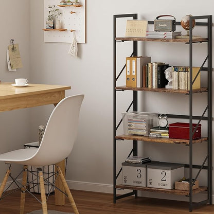 JSB No Assembly Folding Bookshelf, 4 Tier Industrial Metal Book Shelf for Storage, Vintage Wood Foldable Bookcase for Living Room, Bedroom, Office Organization Shelves