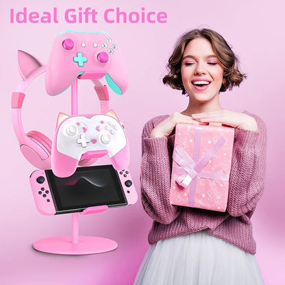 Controller Holder Pink,Headphone Stand,3 Tier Multi Adjustable Game Controller Headset Hanger for All Universal Gaming PC Accessories, Xbox PS4 PS5 Nintendo Switch(Cute Pink)