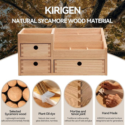 KIRIGEN Wood Makeup Organizer Storage Cabinet Tabletop Cosmetic Organizer Jewelry Storage Box 8 Compartment Makeup Display Case with 3 Drawers Natural(HZG-NA)