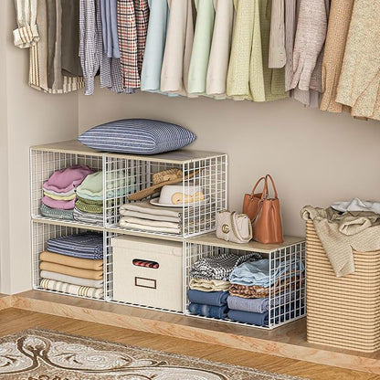 Wider Stackable Closet Organizers and Storage with Top Board, 3 Pack Closet Shelf Organizer, Double Storage Design, Clothes Storage Cubes/Bins/Baskets for Wardrobe, Space-Saving, White,Sturdy,Metal