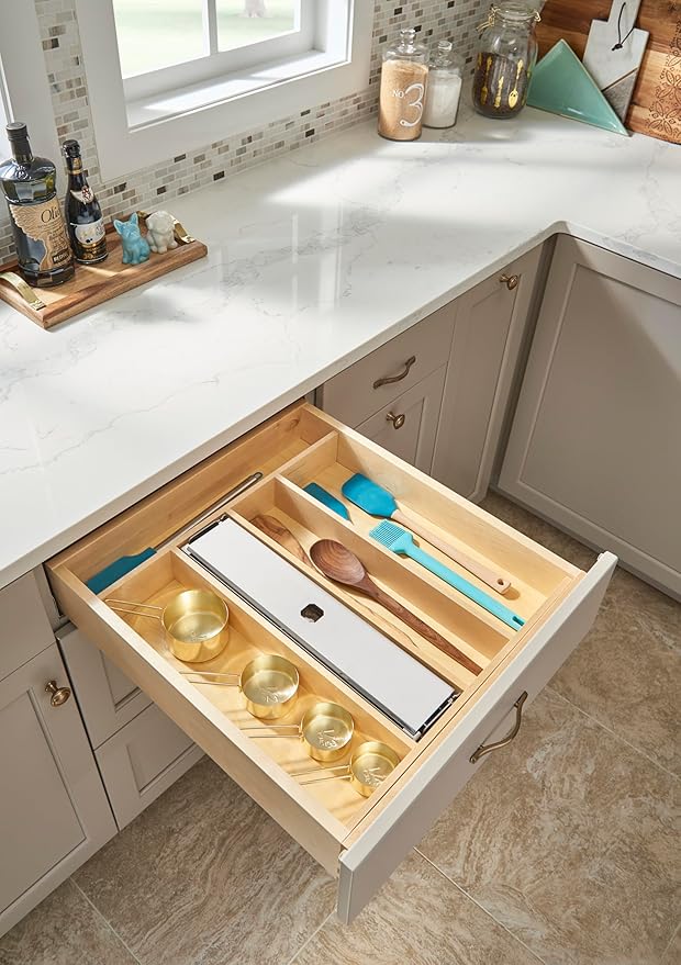 Rev-A-Shelf Trim-to-Fit Silverware Drawer Organizer for Kitchen Utensils, Cutlery Cabinet Storage Divider Insert, 18.5 x 22 in, Maple Wood, 4WUT-1SH