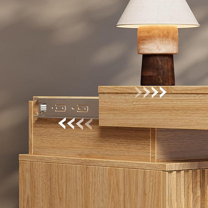 BOXACTION Wood Nightstand with 3 Drawers and LED Light, Mid Century Modern Fluted Night Stand with Charging Station, Bedside Table & End Table for Bedroom