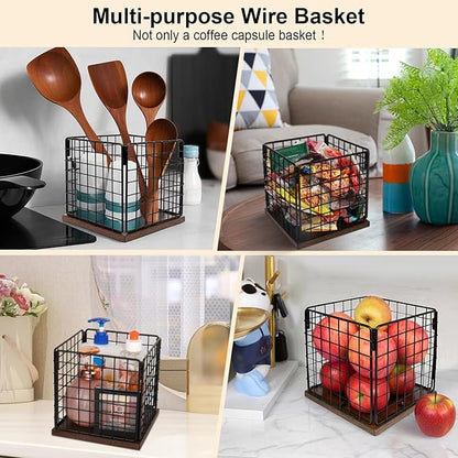 Coffee Pod Holder Basket, Coffee Holder Organizer with Wooden Base Sturdy Coffees Pod Holder Organizer for Kitchen Counter and Office Desktop (Square Grid)