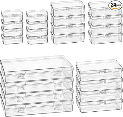 Goodma 24 Pieces Mixed Sizes Rectangular Empty Mini Clear Plastic Organizer Storage Box Containers with Hinged Lids for Small Items and Other Craft Projects
