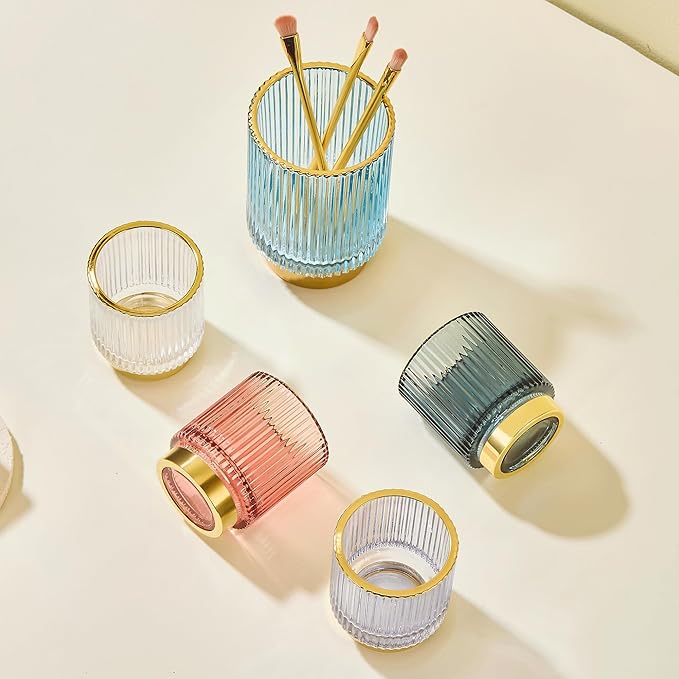 LEICURACE Makeup Brush Holder Organizer,Toothbrush Holders,Desk Pen Pencil Holder,Multifunctional Vintage Glass Brush Cup（S/White/A3-14-US）
