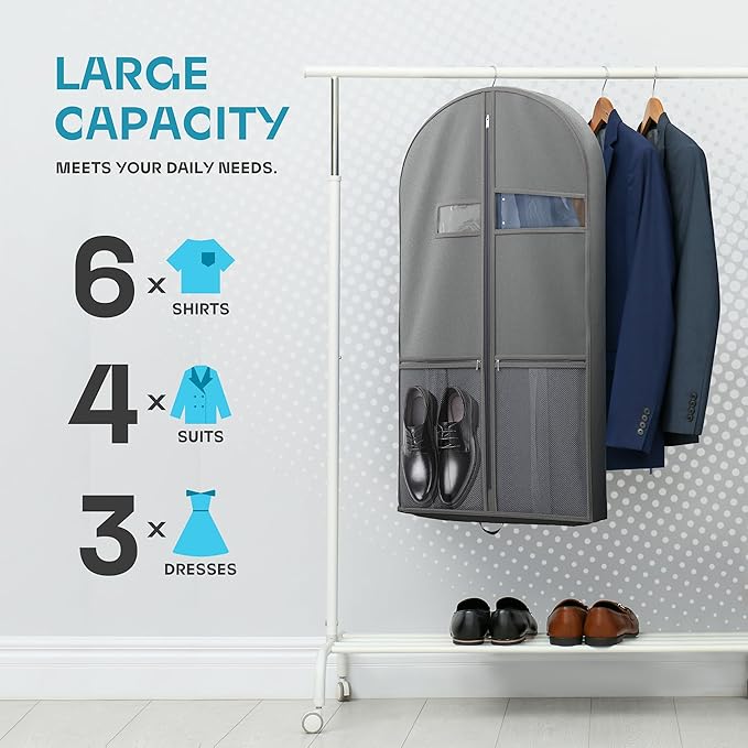 Travel Garment Bag with Zipper Pocket, Suit Bag for Suits, Dresses, Coats