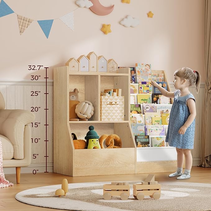 39.4" Kids Bookshelf and Toy Storage, 7 Layer Kids Book Sling Shelf, Toddler Bookshelf, Kids Bookcase, Toy Organizer Cabinet, Large, for Playroom, Bedroom, Nursery, Natural BKNW7301