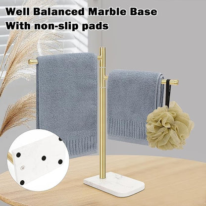 Standing Hand Towel Holder, Hand Towel Stand with Marble Base, 304 Stainless Steel Towel Rack with 2 Swivel Arm, Countertop Stand Towel Ring Towel Bar for Bathroom (Gold)