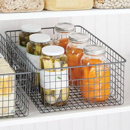 mDesign Metal Wire Food Storage Basket Organizer with Handles for Organizing Kitchen Cabinets, Pantry Shelf, Bathroom, Laundry Room, Closets, Garage - Concerto Collection - 2 Pack - Graphite Gray