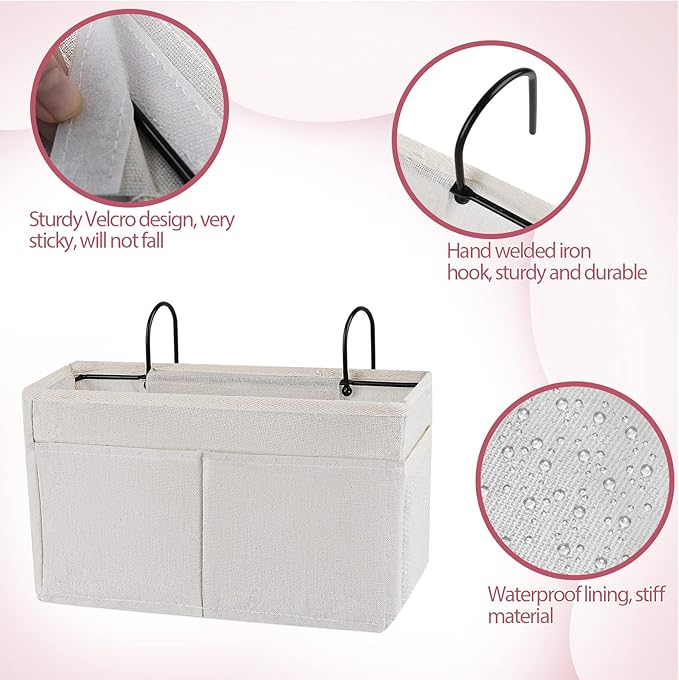 Frjjthchy Bedside Caddy Hanging Storage with Water Bottle Holder for Bunk Bed Hospital Bed Dorm Rooms (White)