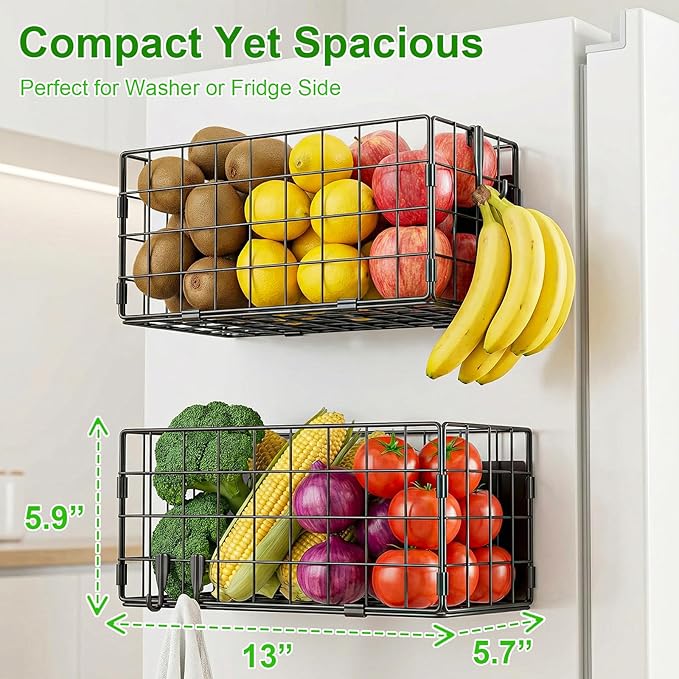 Enkrio 2 Pack Magnetic Basket for Laundry Room & Fridge Side, Large Metal Fruit Potato Onion Storage Bin with Strong Magnets & Hooks, Magnetic Organizer Shelf for Refrigerator