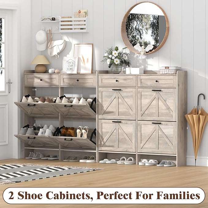 Shoe Cabinet with 4 Flip Drawers & 2 Storage Drawers, Rustic Farmhouse Narrow Shoe Organizer Cabinet, Slim Shoe Rack Cabinet, Shoe Storage Cabinet for Entryway, Hallway, Front Door