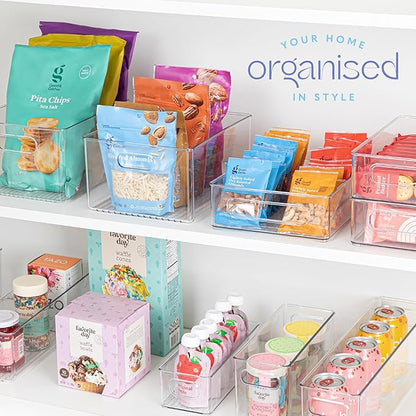 primebox Plastic Food Storage Clear Container Bin with Handles for Organizing Kitchen, Pantry, Refrigerator, Freezer, Pantry, Cabinet, Closet, Bathroom. Stackable 10"X4"3"
